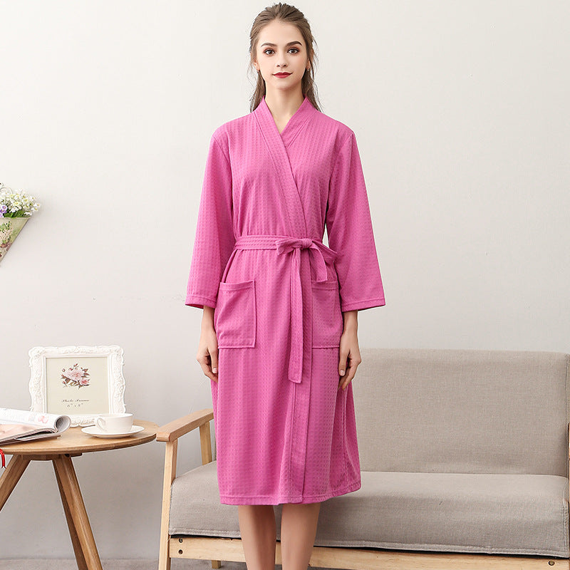 Spring and Summer Bathrobe for Women, Thin Waffle Couple Nightgown for Men and Women, Summer Three-Quarter Sleeve Korean Style Bathrobe That Absorbs Water