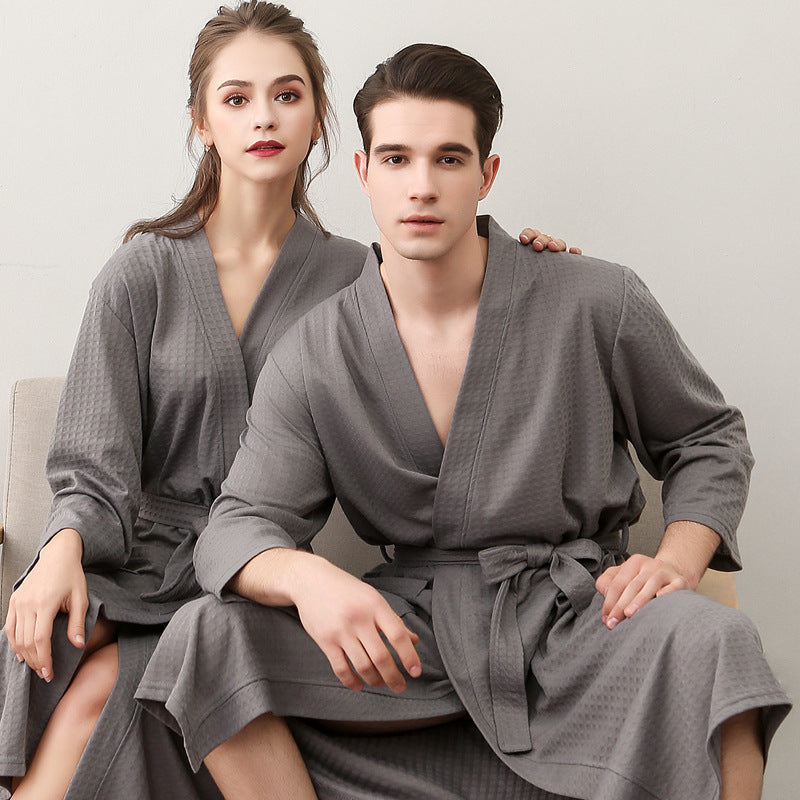 Spring and Summer Bathrobe for Women, Thin Waffle Couple Nightgown for Men and Women, Summer Three-Quarter Sleeve Korean Style Bathrobe That Absorbs Water