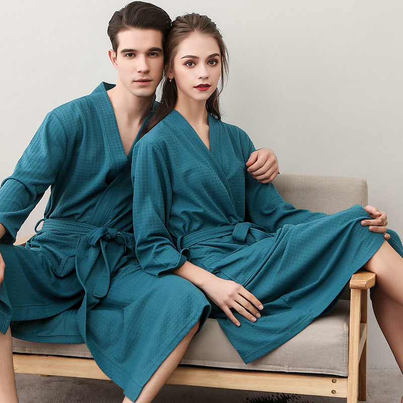 Spring and Summer Bathrobe for Women, Thin Waffle Couple Nightgown for Men and Women, Summer Three-Quarter Sleeve Korean Style Bathrobe That Absorbs Water