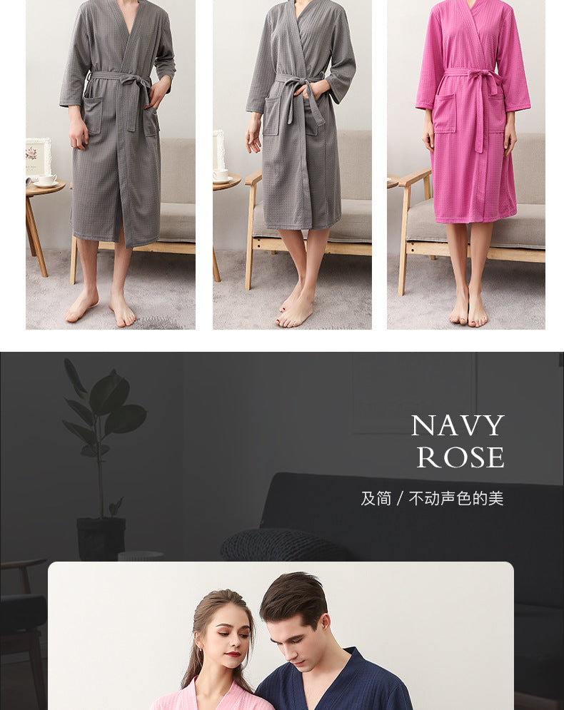 Spring and Summer Bathrobe for Women, Thin Waffle Couple Nightgown for Men and Women, Summer Three-Quarter Sleeve Korean Style Bathrobe That Absorbs Water