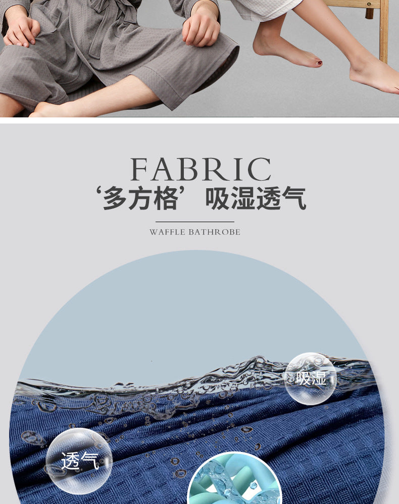 Spring and Summer Bathrobe for Women, Thin Waffle Couple Nightgown for Men and Women, Summer Three-Quarter Sleeve Korean Style Bathrobe That Absorbs Water