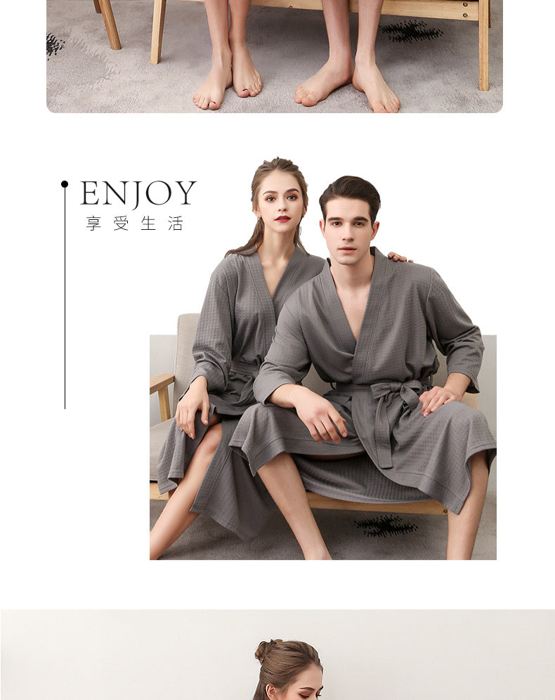 Spring and Summer Bathrobe for Women, Thin Waffle Couple Nightgown for Men and Women, Summer Three-Quarter Sleeve Korean Style Bathrobe That Absorbs Water