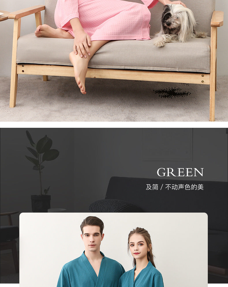 Spring and Summer Bathrobe for Women, Thin Waffle Couple Nightgown for Men and Women, Summer Three-Quarter Sleeve Korean Style Bathrobe That Absorbs Water