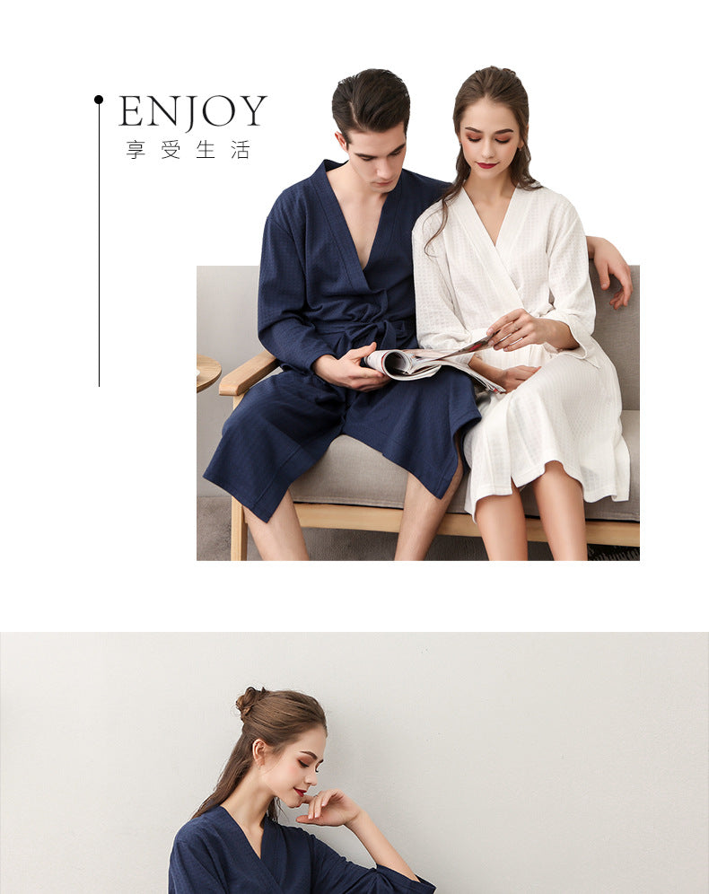 Spring and Summer Bathrobe for Women, Thin Waffle Couple Nightgown for Men and Women, Summer Three-Quarter Sleeve Korean Style Bathrobe That Absorbs Water