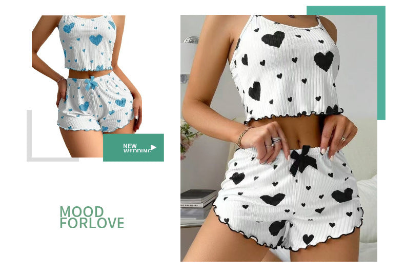 Hot New Cross-border European and American Fashion Heart-shaped Eyelash Printed Pit Sexy Pajamas Set Women's Pajamas