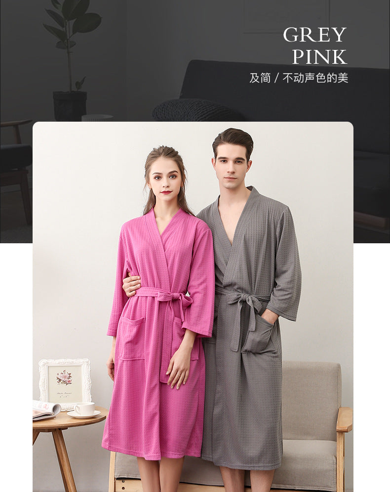 Spring and Summer Bathrobe for Women, Thin Waffle Couple Nightgown for Men and Women, Summer Three-Quarter Sleeve Korean Style Bathrobe That Absorbs Water