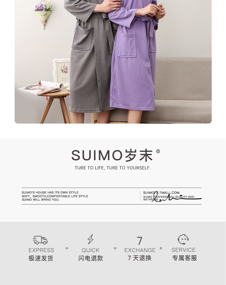 Spring and Summer Bathrobe for Women, Thin Waffle Couple Nightgown for Men and Women, Summer Three-Quarter Sleeve Korean Style Bathrobe That Absorbs Water
