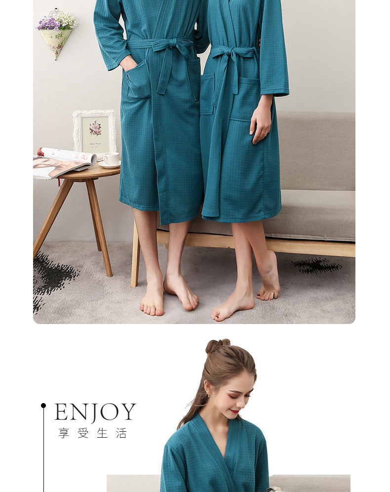 Spring and Summer Bathrobe for Women, Thin Waffle Couple Nightgown for Men and Women, Summer Three-Quarter Sleeve Korean Style Bathrobe That Absorbs Water