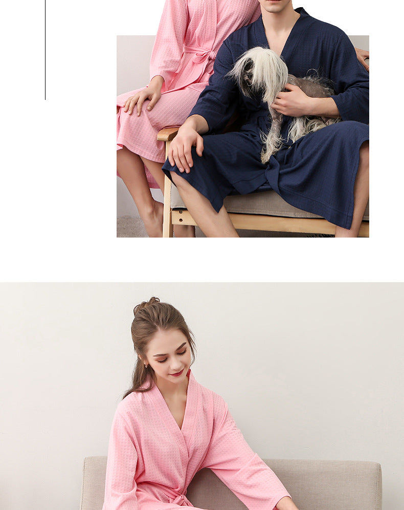 Spring and Summer Bathrobe for Women, Thin Waffle Couple Nightgown for Men and Women, Summer Three-Quarter Sleeve Korean Style Bathrobe That Absorbs Water