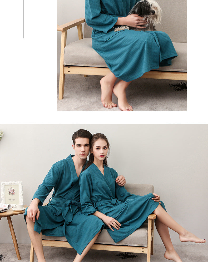Spring and Summer Bathrobe for Women, Thin Waffle Couple Nightgown for Men and Women, Summer Three-Quarter Sleeve Korean Style Bathrobe That Absorbs Water