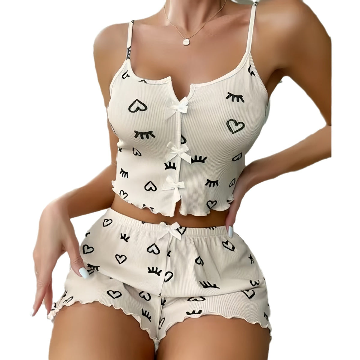 Hot New Cross-border European and American Fashion Heart-shaped Eyelash Printed Pit Sexy Pajamas Set Women's Pajamas