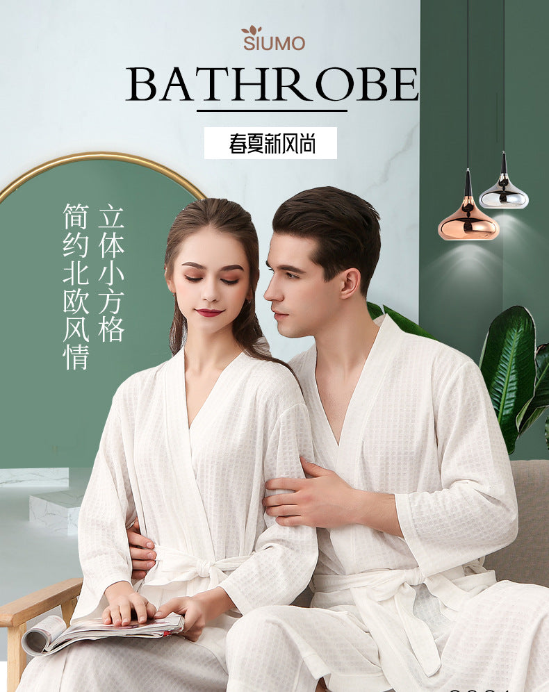 Spring and Summer Bathrobe for Women, Thin Waffle Couple Nightgown for Men and Women, Summer Three-Quarter Sleeve Korean Style Bathrobe That Absorbs Water