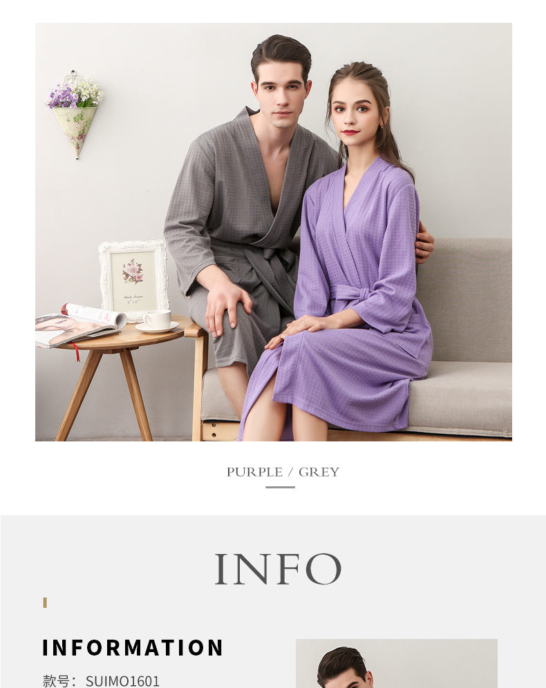 Spring and Summer Bathrobe for Women, Thin Waffle Couple Nightgown for Men and Women, Summer Three-Quarter Sleeve Korean Style Bathrobe That Absorbs Water