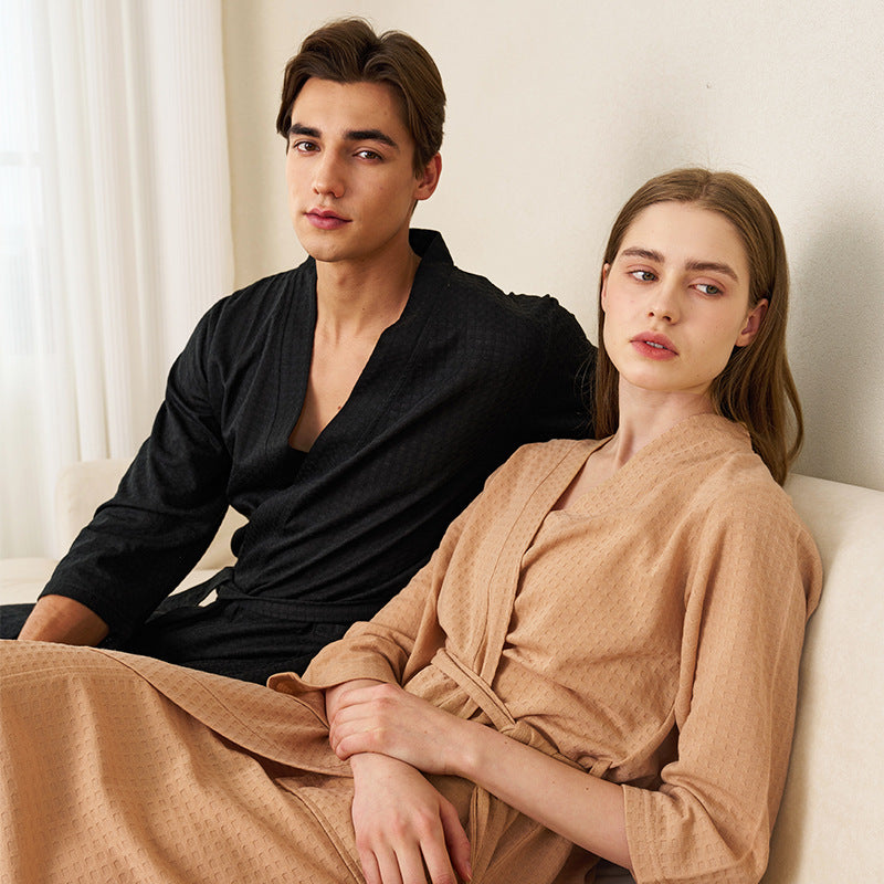 Spring and Summer Bathrobe for Women, Thin Waffle Couple Nightgown for Men and Women, Summer Three-Quarter Sleeve Korean Style Bathrobe That Absorbs Water