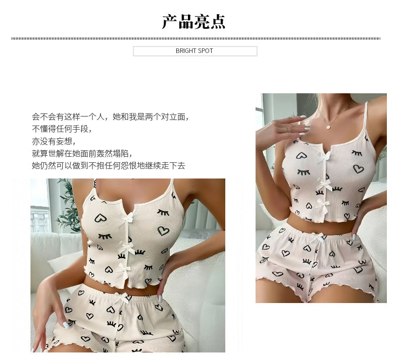 Hot New Cross-border European and American Fashion Heart-shaped Eyelash Printed Pit Sexy Pajamas Set Women's Pajamas