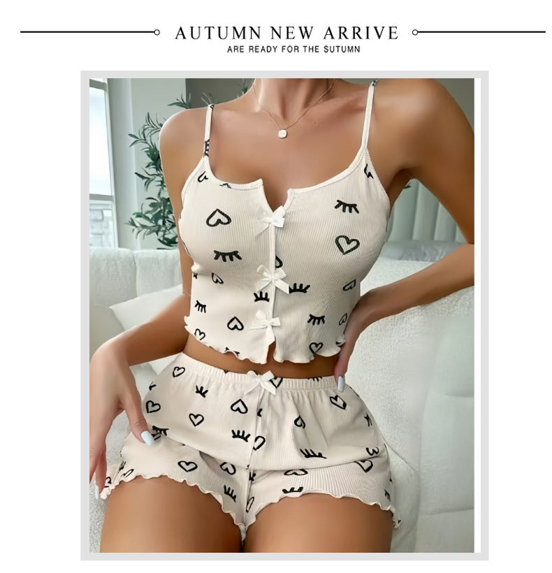 Hot New Cross-border European and American Fashion Heart-shaped Eyelash Printed Pit Sexy Pajamas Set Women's Pajamas