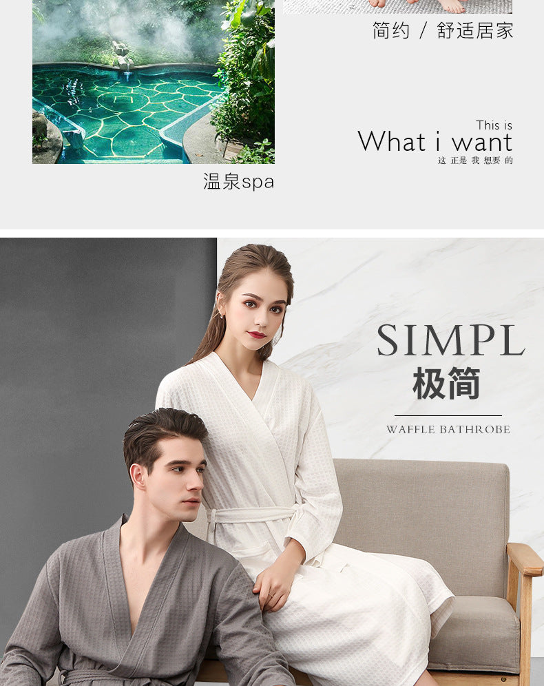 Spring and Summer Bathrobe for Women, Thin Waffle Couple Nightgown for Men and Women, Summer Three-Quarter Sleeve Korean Style Bathrobe That Absorbs Water