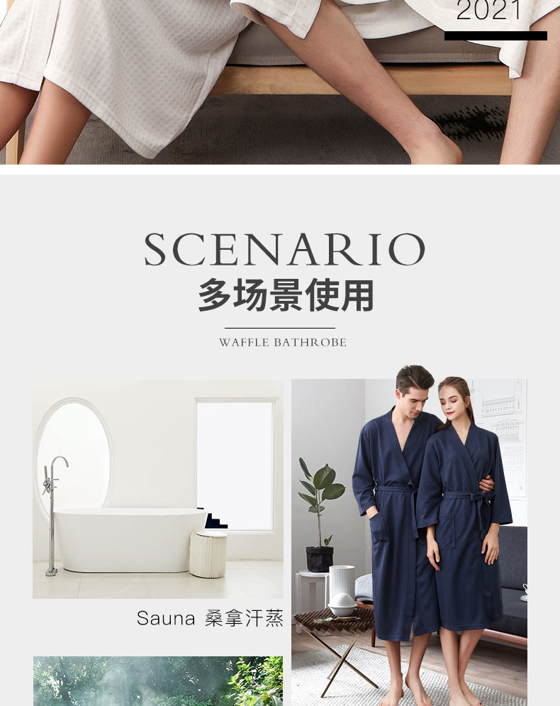 Spring and Summer Bathrobe for Women, Thin Waffle Couple Nightgown for Men and Women, Summer Three-Quarter Sleeve Korean Style Bathrobe That Absorbs Water