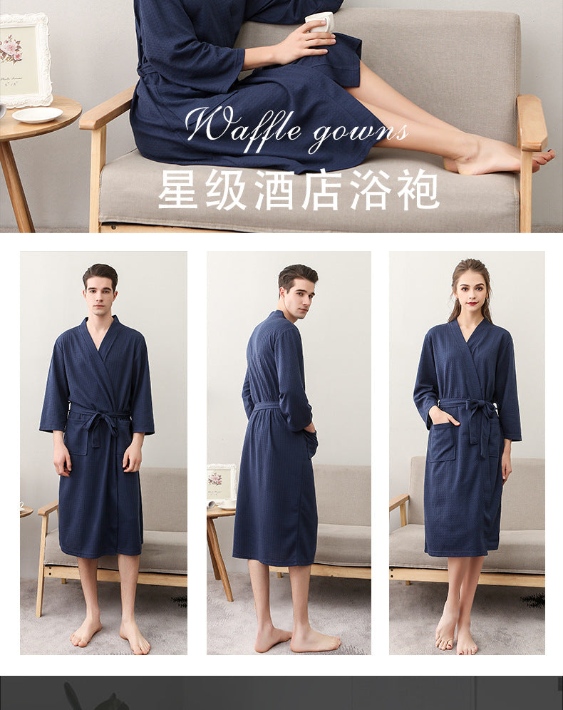 Spring and Summer Bathrobe for Women, Thin Waffle Couple Nightgown for Men and Women, Summer Three-Quarter Sleeve Korean Style Bathrobe That Absorbs Water