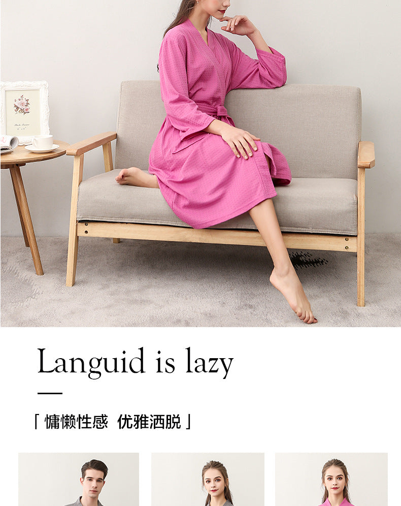 Spring and Summer Bathrobe for Women, Thin Waffle Couple Nightgown for Men and Women, Summer Three-Quarter Sleeve Korean Style Bathrobe That Absorbs Water