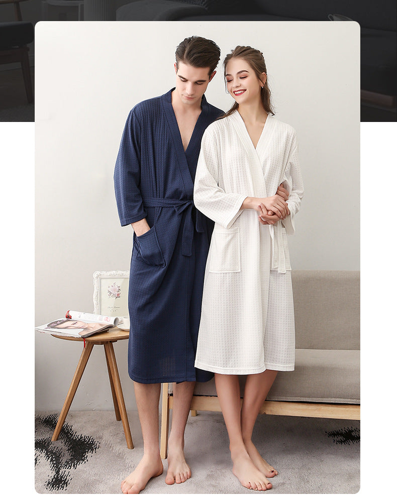 Spring and Summer Bathrobe for Women, Thin Waffle Couple Nightgown for Men and Women, Summer Three-Quarter Sleeve Korean Style Bathrobe That Absorbs Water