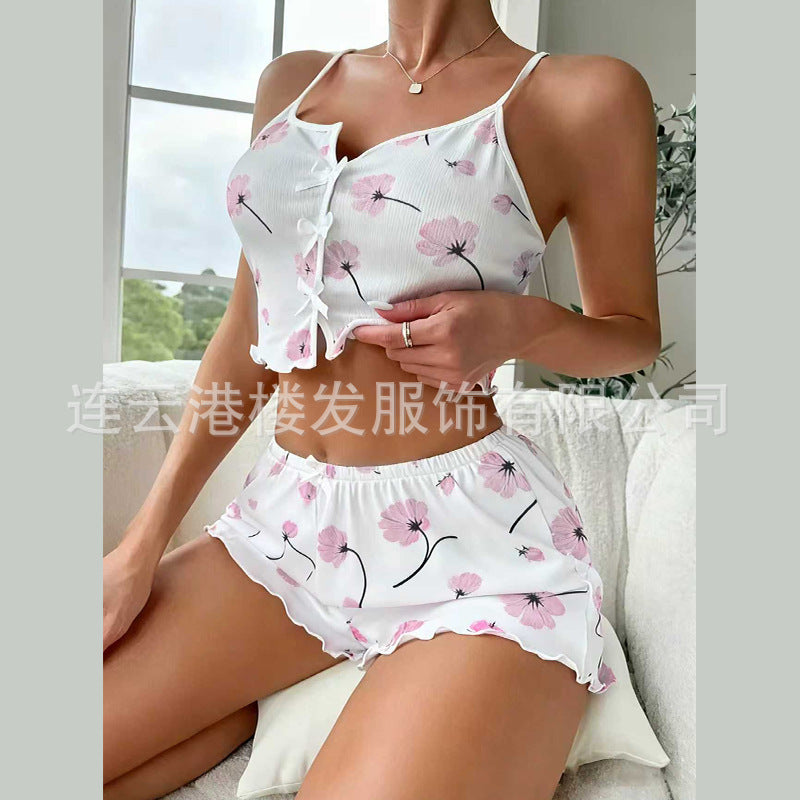 Hot New Cross-border European and American Fashion Heart-shaped Eyelash Printed Pit Sexy Pajamas Set Women's Pajamas