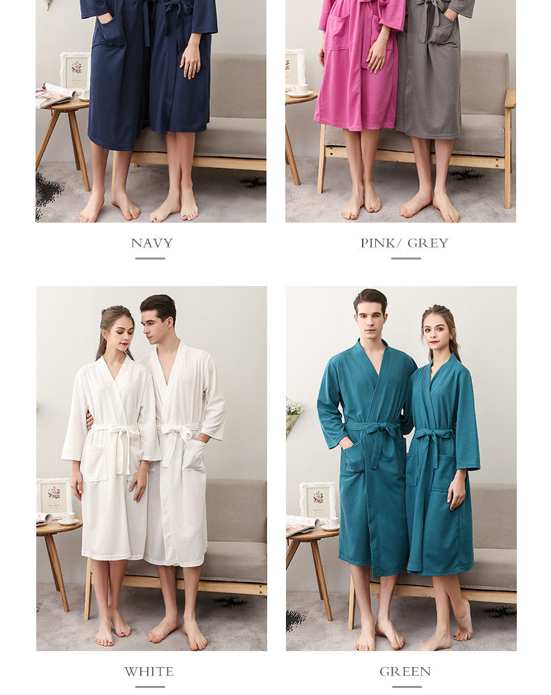 Spring and Summer Bathrobe for Women, Thin Waffle Couple Nightgown for Men and Women, Summer Three-Quarter Sleeve Korean Style Bathrobe That Absorbs Water