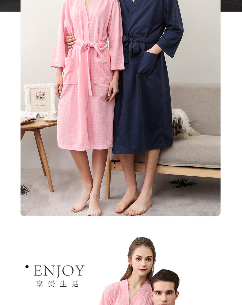Spring and Summer Bathrobe for Women, Thin Waffle Couple Nightgown for Men and Women, Summer Three-Quarter Sleeve Korean Style Bathrobe That Absorbs Water