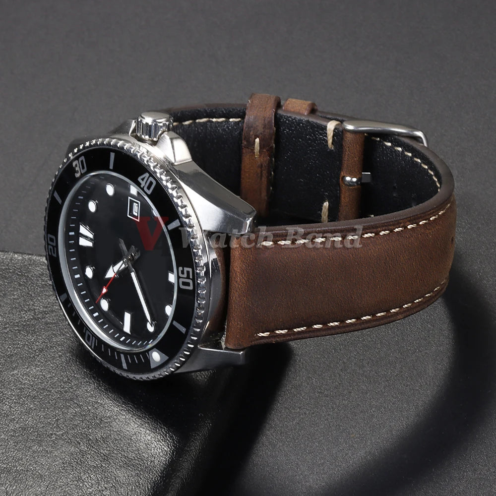 Genuine Calfskin Leather Watchband for Omega Business Watch Band for Seiko 22mm 20mm 18mm Butterfly Buckle Stitching Brown Strap