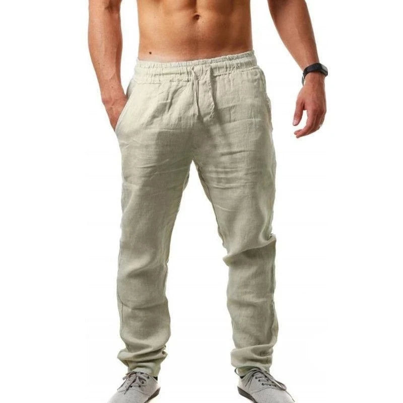 2025 New Men's Cotton Linen Pants Loose Autum Casual Pants Male Breathable Solid Color Drawstring Jogger Yoga Long Trousers