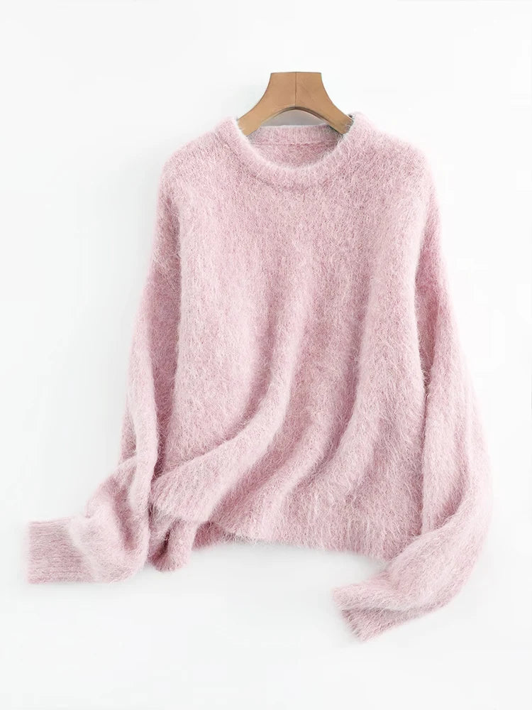 SuyaDream Warm Alpaca Pullovers for Woman, Dropped Sleeved Loose Sweaters, Brushed Wool Knit Sweater, 2026 Fall Winter Top