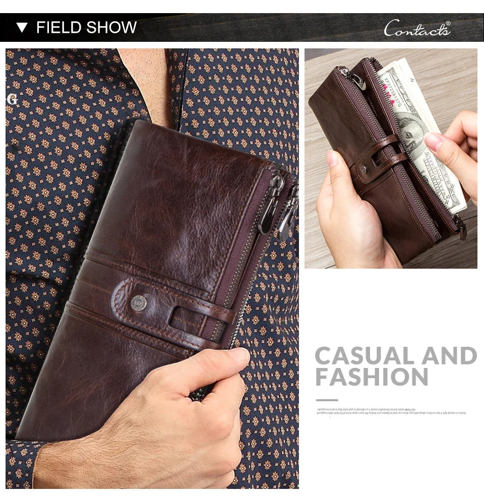 CONTACT'S Men Clutch Wallet Genuine Leather Long Wallet Hasp Card Holder Vintage Male Zipper Coin Purse Money Bag Portemonnee