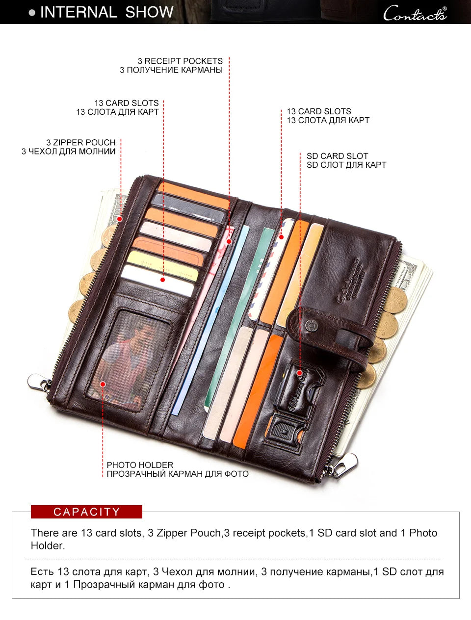 CONTACT'S Men Clutch Wallet Genuine Leather Long Wallet Hasp Card Holder Vintage Male Zipper Coin Purse Money Bag Portemonnee