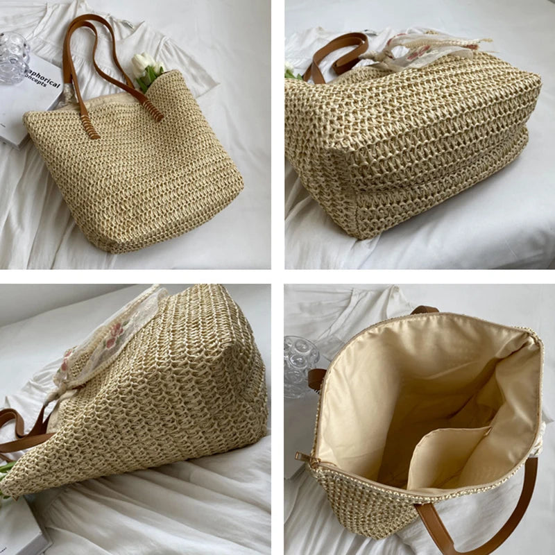 Summer Large Capacity Tote Bag Women Shoulder Bag Handmade Woven Bag Fresh Rural Handheld Grass Woven Women Bag