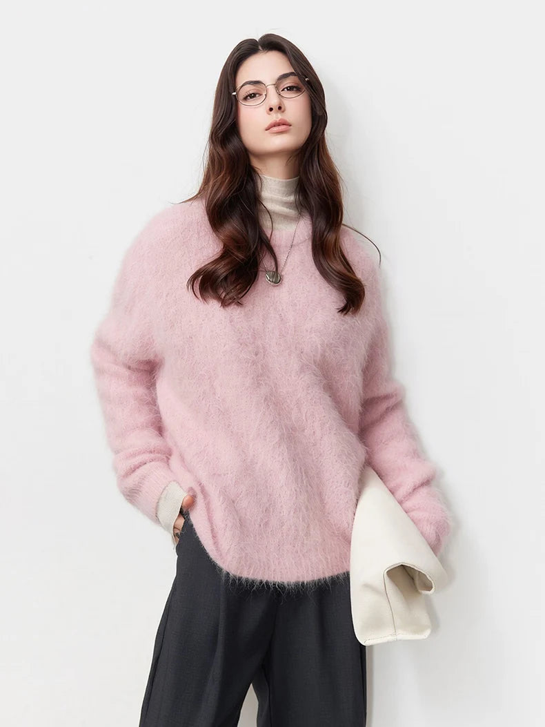 SuyaDream Warm Alpaca Pullovers for Woman, Dropped Sleeved Loose Sweaters, Brushed Wool Knit Sweater, 2026 Fall Winter Top