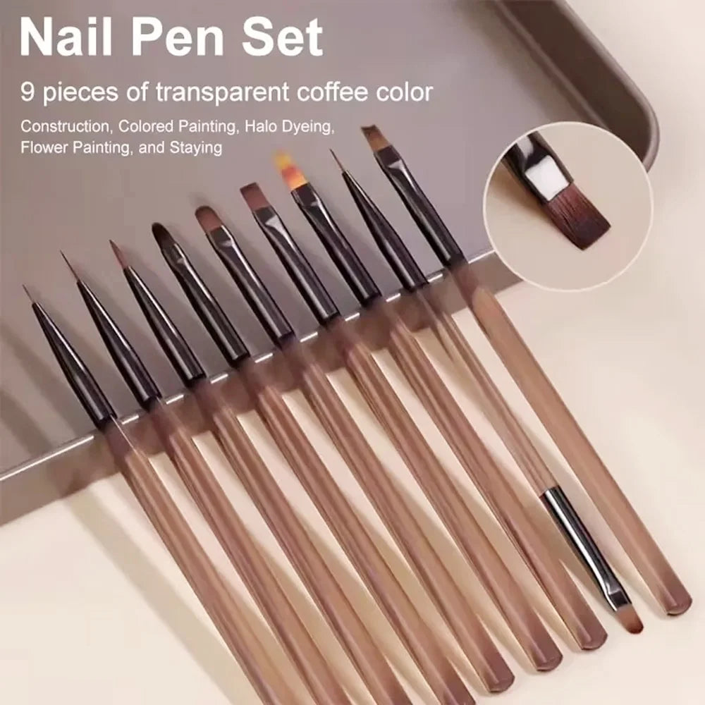 9PCS Professional Nail Brush for Nail Art Liner Brushes Elongated Lines Striping Drawing Painting Nail Design Pen Manicure Tool