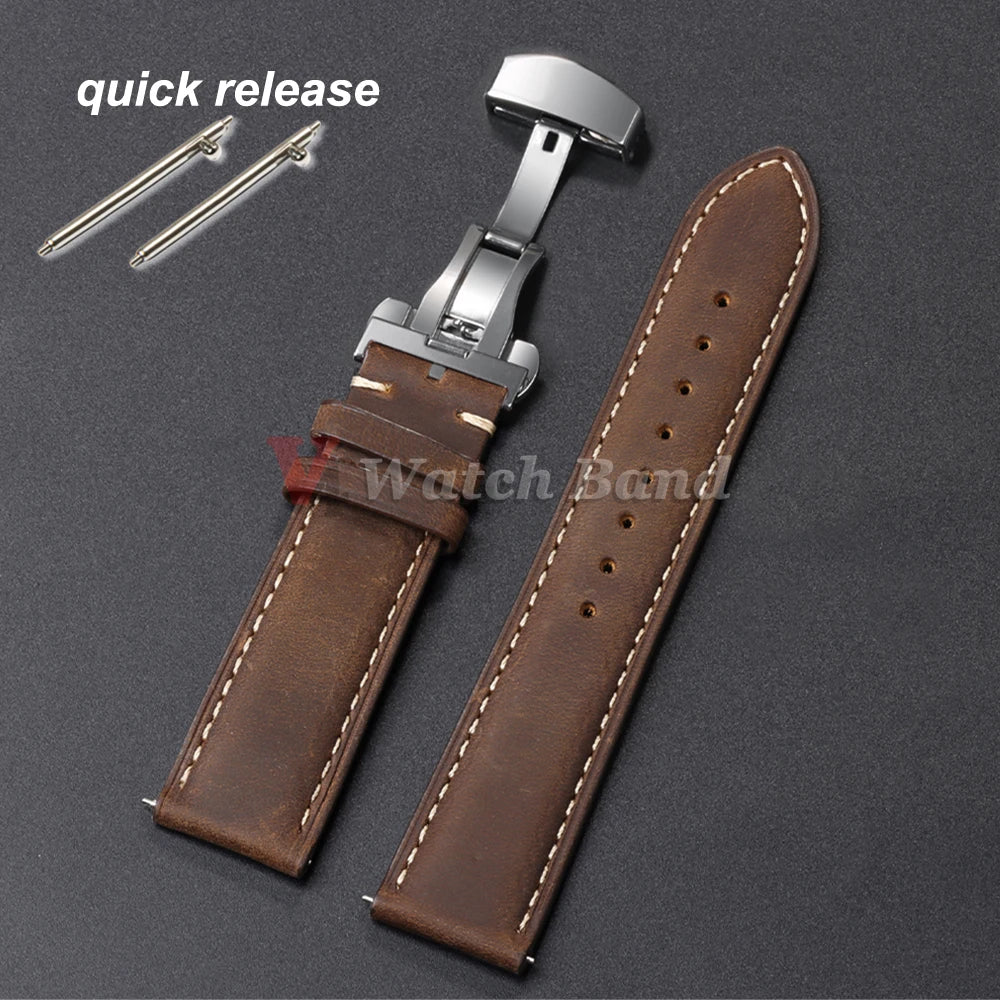 Genuine Calfskin Leather Watchband for Omega Business Watch Band for Seiko 22mm 20mm 18mm Butterfly Buckle Stitching Brown Strap