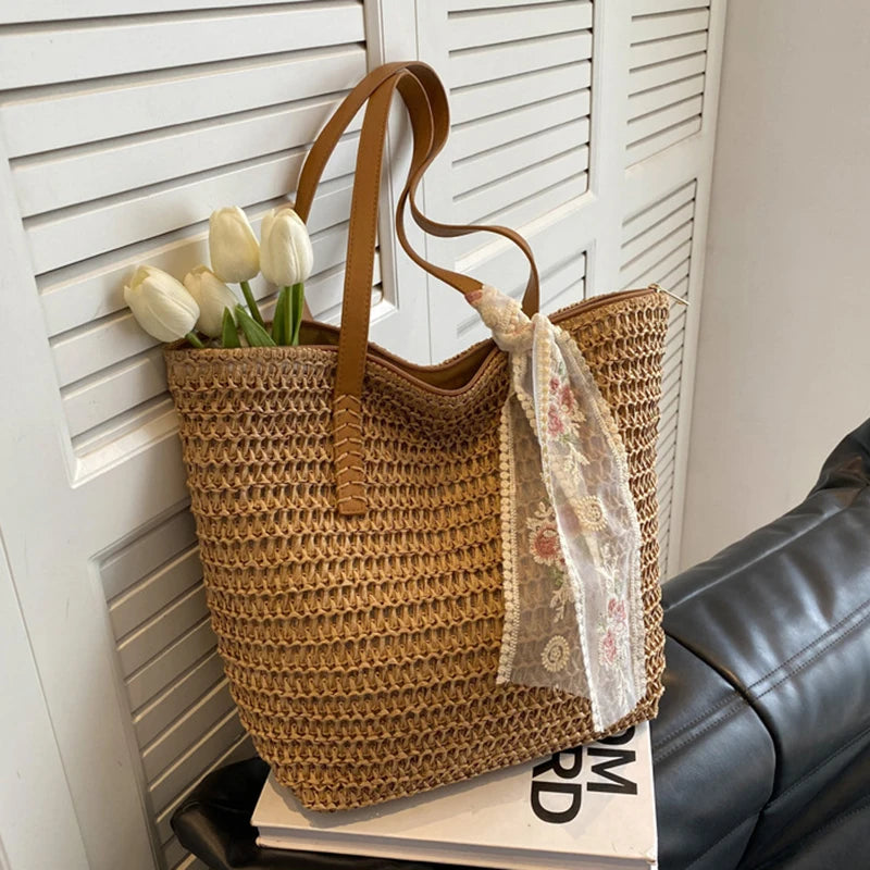 Handwoven Straw Shoulder Tote Bag