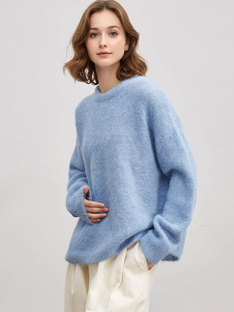 SuyaDream Warm Alpaca Pullovers for Woman, Dropped Sleeved Loose Sweaters, Brushed Wool Knit Sweater, 2026 Fall Winter Top