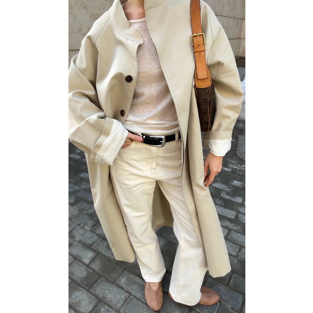 Stand Neck Long Trench Coat Women Spring Casual Turn-down Collar Single-breasted Trench Coat