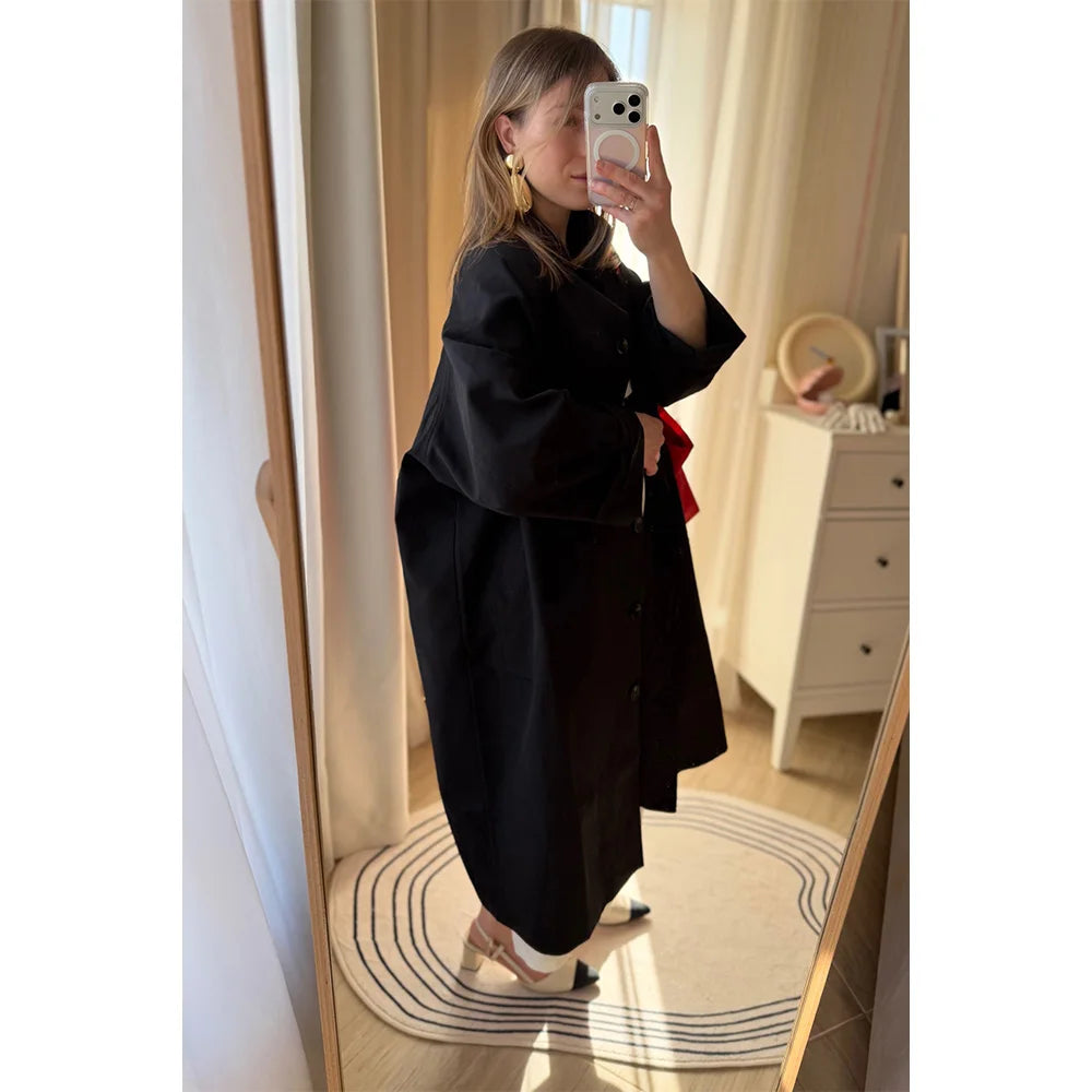 Stand Neck Long Trench Coat Women Spring Casual Turn-down Collar Single-breasted Trench Coat