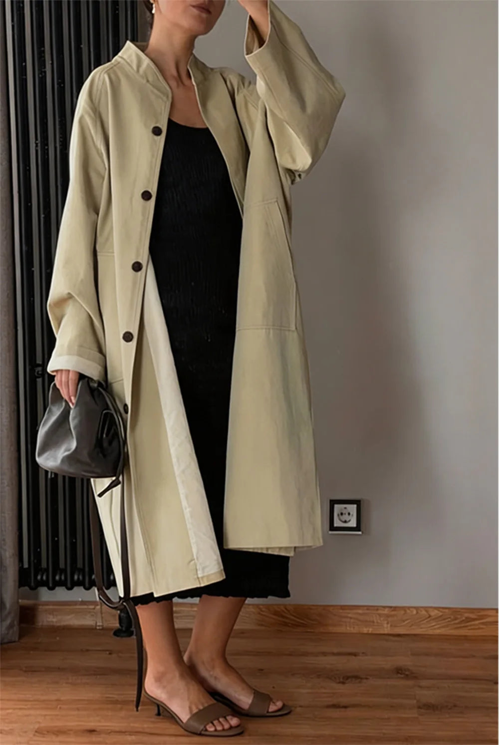 Stand Neck Long Trench Coat Women Spring Casual Turn-down Collar Single-breasted Trench Coat