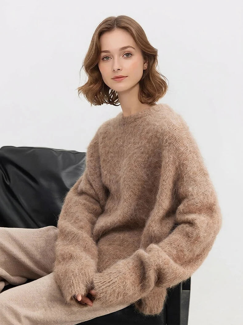 SuyaDream Warm Alpaca Pullovers for Woman, Dropped Sleeved Loose Sweaters, Brushed Wool Knit Sweater, 2026 Fall Winter Top