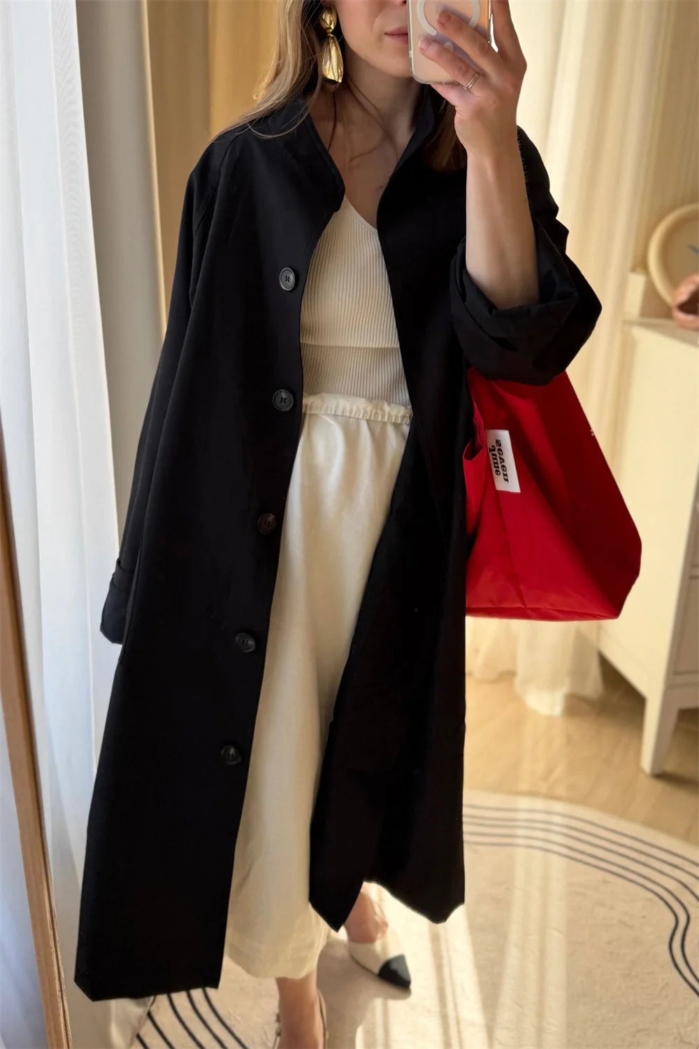 Stand Neck Long Trench Coat Women Spring Casual Turn-down Collar Single-breasted Trench Coat