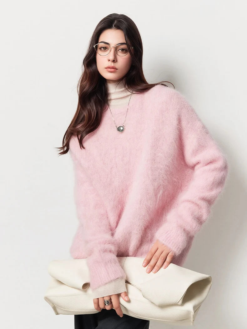 SuyaDream Warm Alpaca Pullovers for Woman, Dropped Sleeved Loose Sweaters, Brushed Wool Knit Sweater, 2026 Fall Winter Top