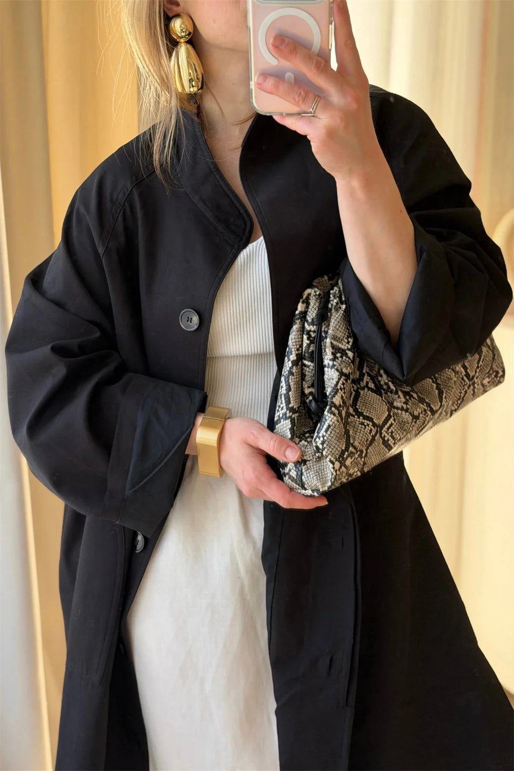 Stand Neck Long Trench Coat Women Spring Casual Turn-down Collar Single-breasted Trench Coat