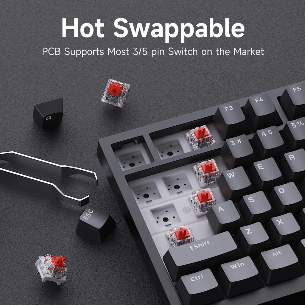 AK820 Red-Switch Mechanical Gaming Keyboard, 75% Layout, Hot-Swappable Switches, Featuring a USB-C Port, White Backlighting, Fiv