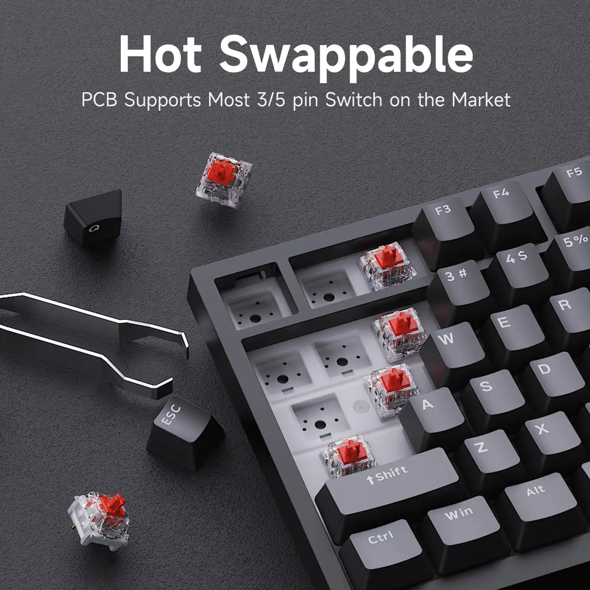 AK820 Red-Switch Mechanical Gaming Keyboard, 75% Layout, Hot-Swappable Switches, Featuring a USB-C Port, White Backlighting, Fiv