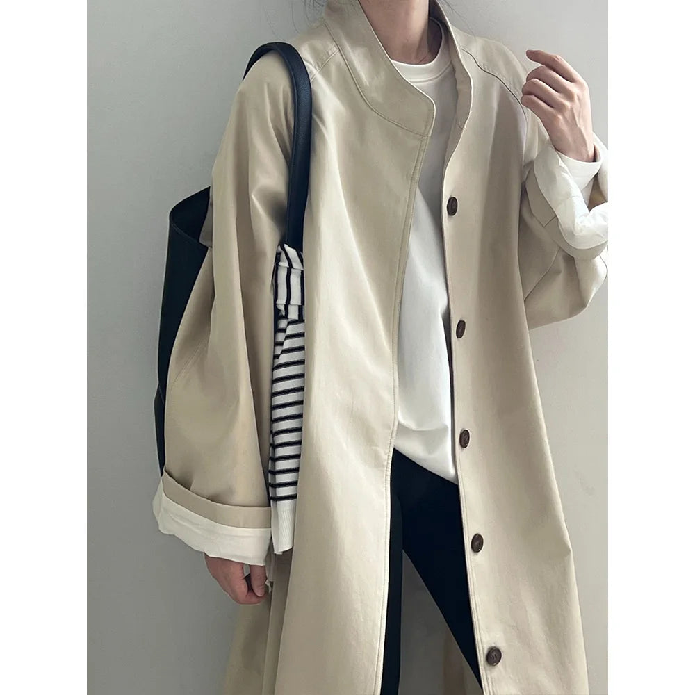 Stand Neck Long Trench Coat Women Spring Casual Turn-down Collar Single-breasted Trench Coat