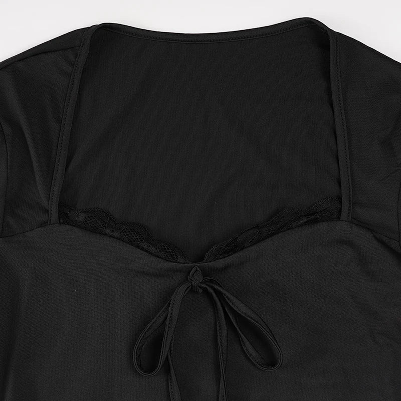 SUCHCUTE Sexy Long Sleeve Solid Patchwork Square Collar T-Shirt Women Elegant Lace Bandage Ruffles Crop Autumn Clothes 2025